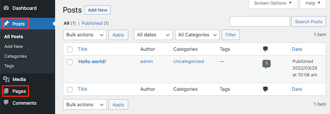 La página de publicaciones de WordPress