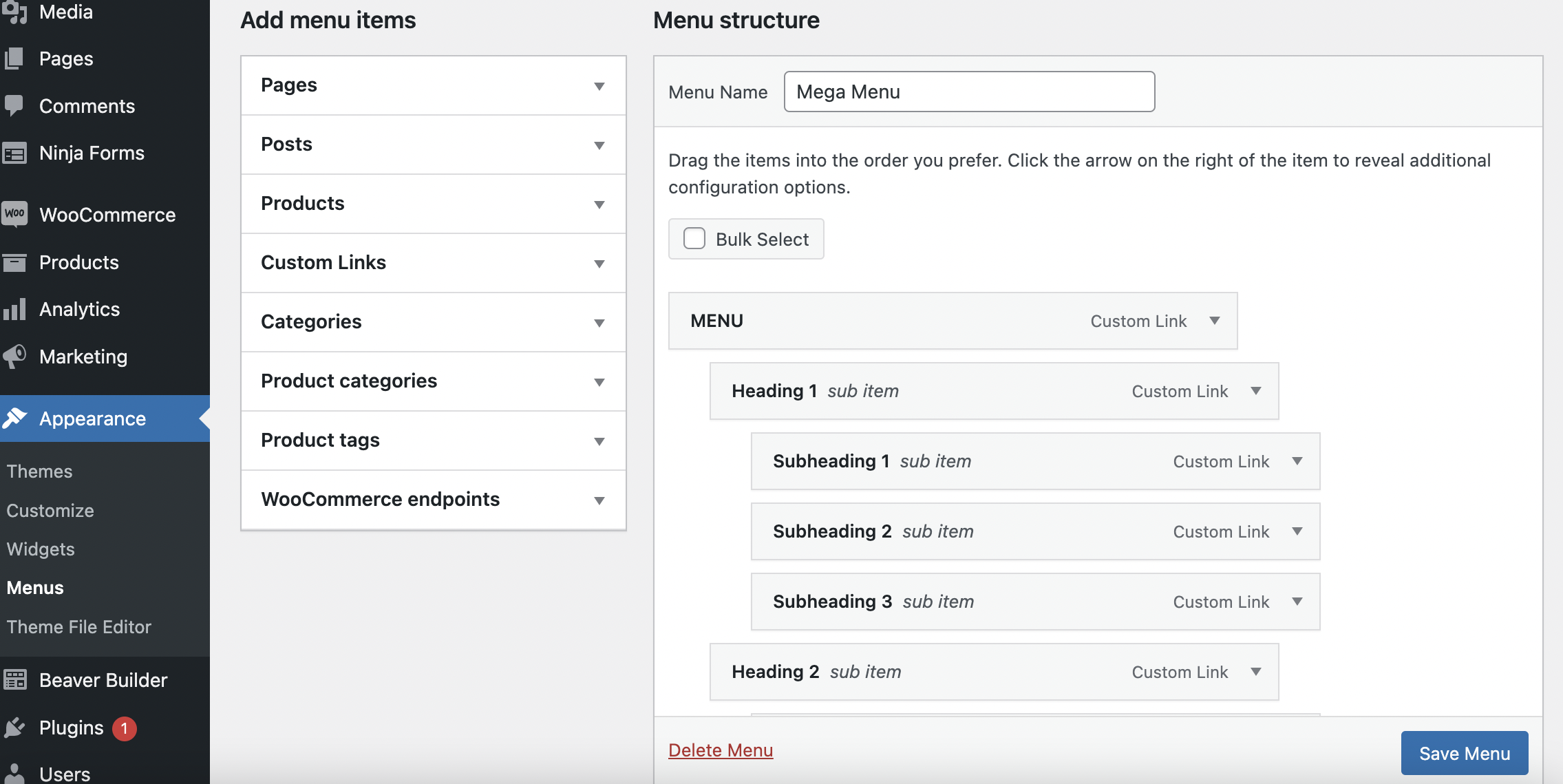 Menu tampilan mega menu tema Beaver Builder