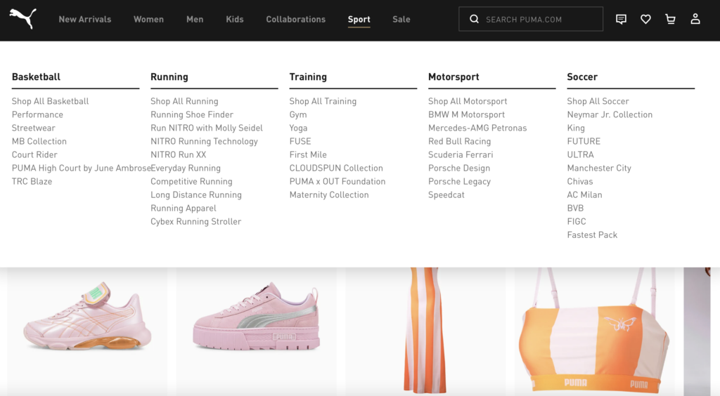 Ejemplo de un mega menú en un sitio de comercio electrónico