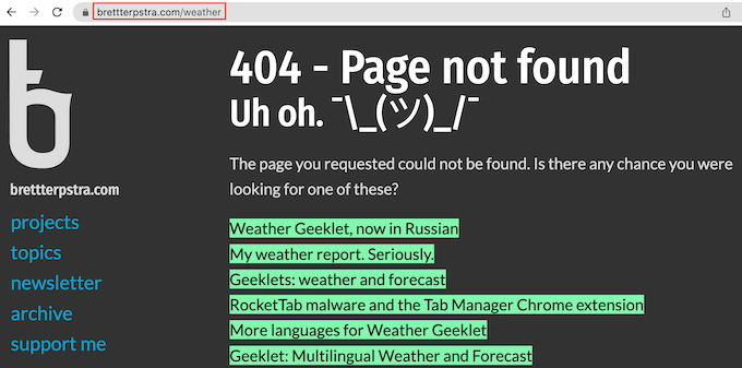 Un ejemplo de una página de error 404 personalizada