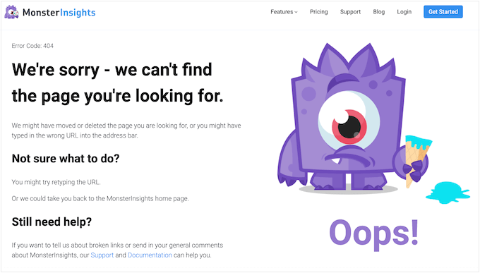 El diseño de error 404 personalizado de MonsterInsights