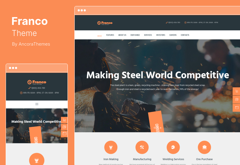 ธีม Franco - โรงงานเหล็กและโรงงานอุตสาหกรรม Manufactoring WordPress Theme