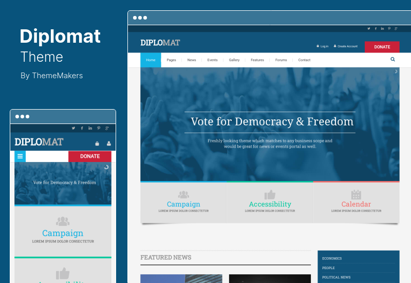 Diplomat Teması - Siyasi Kampanya, Parti, Duyarlı Blog WordPress Teması