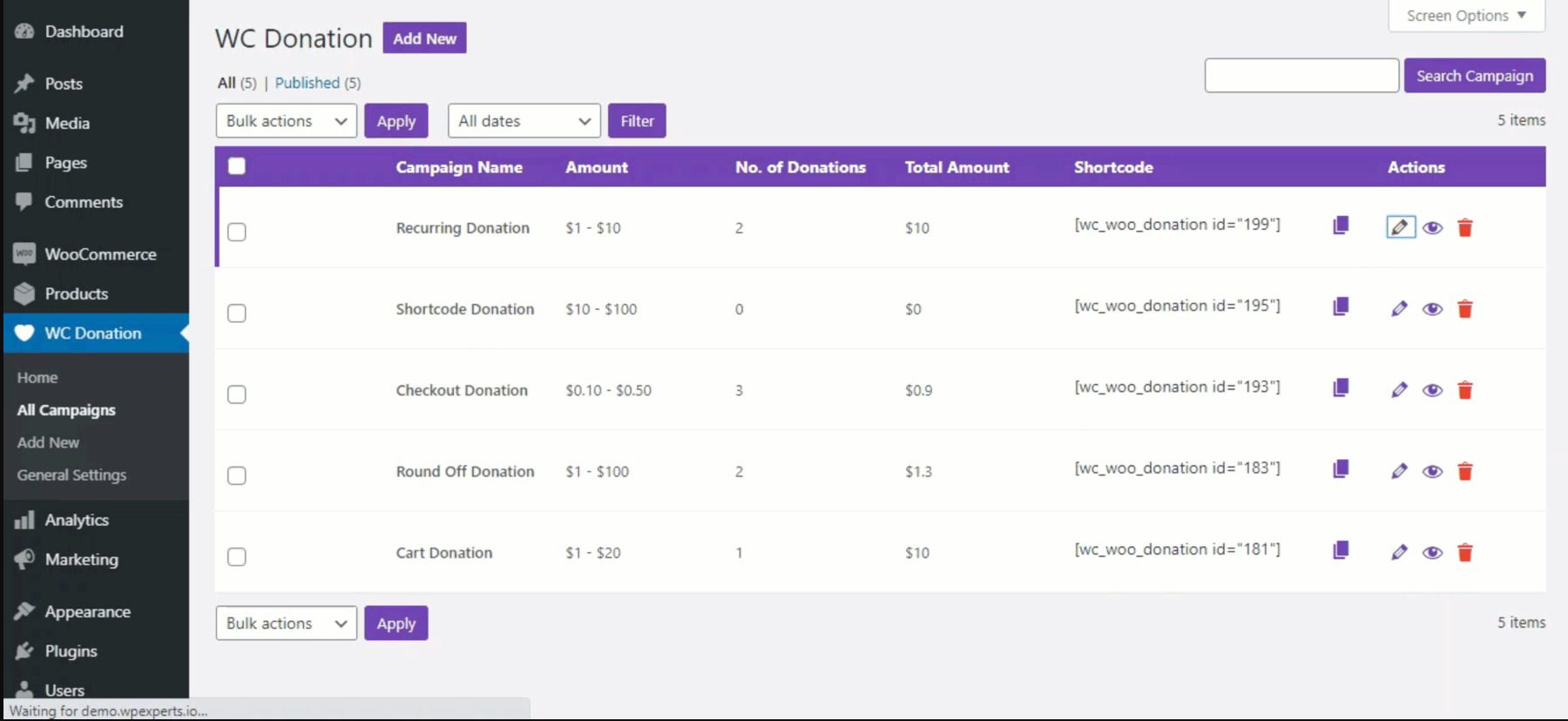 Dasbor plugin Sumbangan WooCommerce