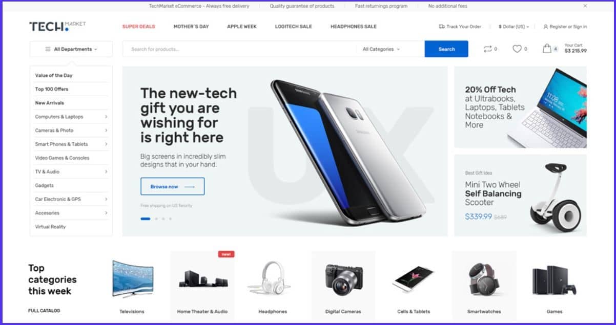 제휴 WordPress 테마 Techmarket의 웹사이트 스크린샷.