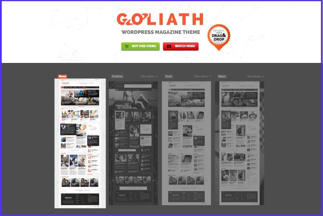 Captura de pantalla del sitio web de Goliath, uno de los mejores temas de WordPress para afiliados.