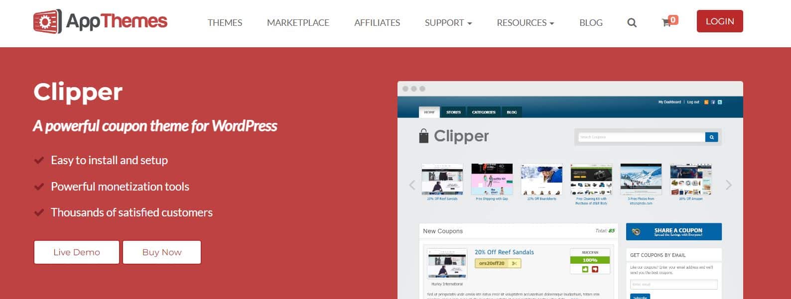 Captură de ecran a site-ului web pentru tema Clipper WordPress axată pe cupon.