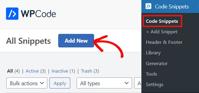 انتقل إلى Code Snippets وانقر فوق Add New