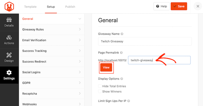 Configurando o link permanente para sua página de destino do sorteio