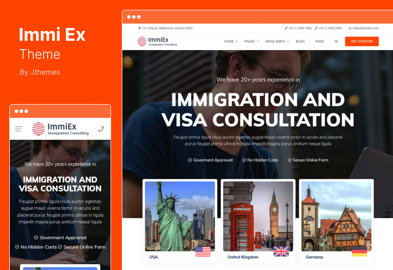 ImmiEx Theme - Lei de imigração, suporte a serviços de visto, consultoria de agente de migração e tema WordPress de negócios