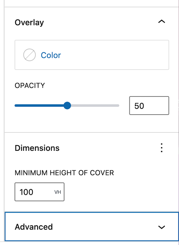 La section Dimensions dans l'onglet Bloc.