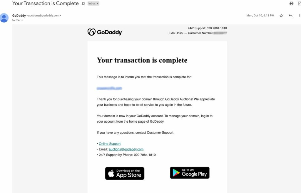 notification par e-mail pour une transaction de domaine