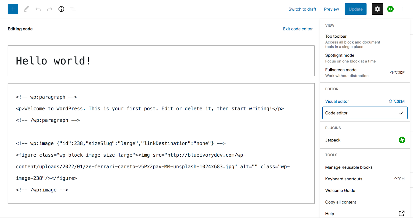 WordPress 코드 편집기를 사용하여 게시물 편집