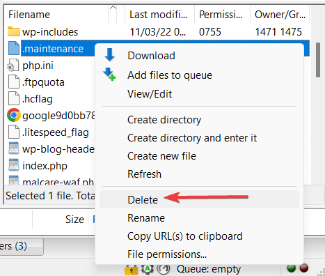 Löschen der Wartungsdatei über Filezilla - ein automatisches WordPress-Update konnte nicht abgeschlossen werden