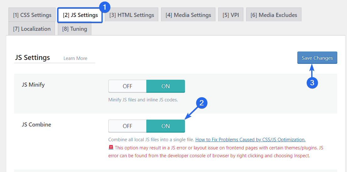 Habilitar combinación JS