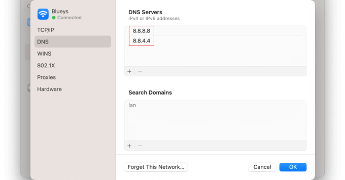 เพิ่มที่อยู่สำหรับเซิร์ฟเวอร์ DNS ของ Google