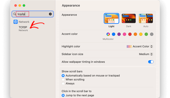在 Mac 系统设置中,搜索“TCP/IP”