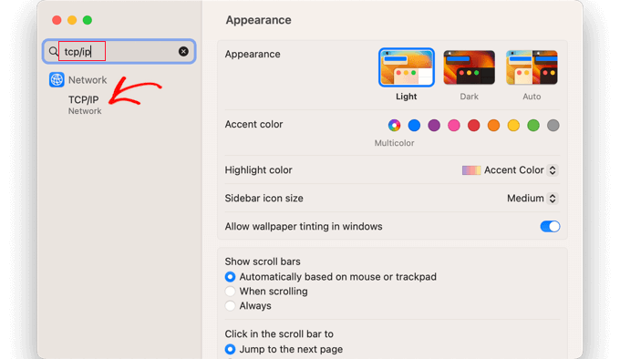 În Setările sistemului Mac, căutați „TCP/IP”