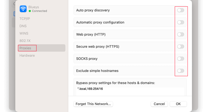 Desativar todas as configurações de proxies