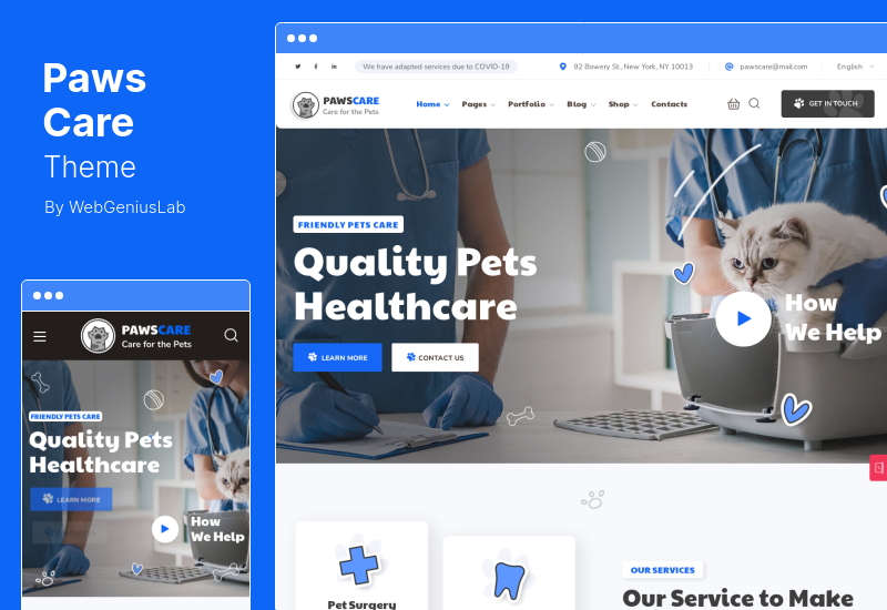 PawsCare Theme - ธีมการดูแลสัตว์เลี้ยงและสัตวแพทย์ WordPress