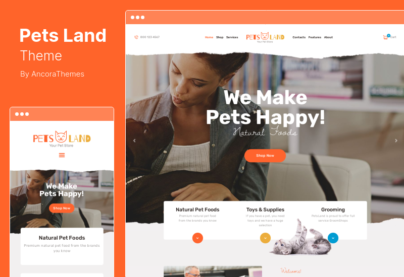 Tema Pets Land - Negozio di animali domestici e tema WordPress veterinario