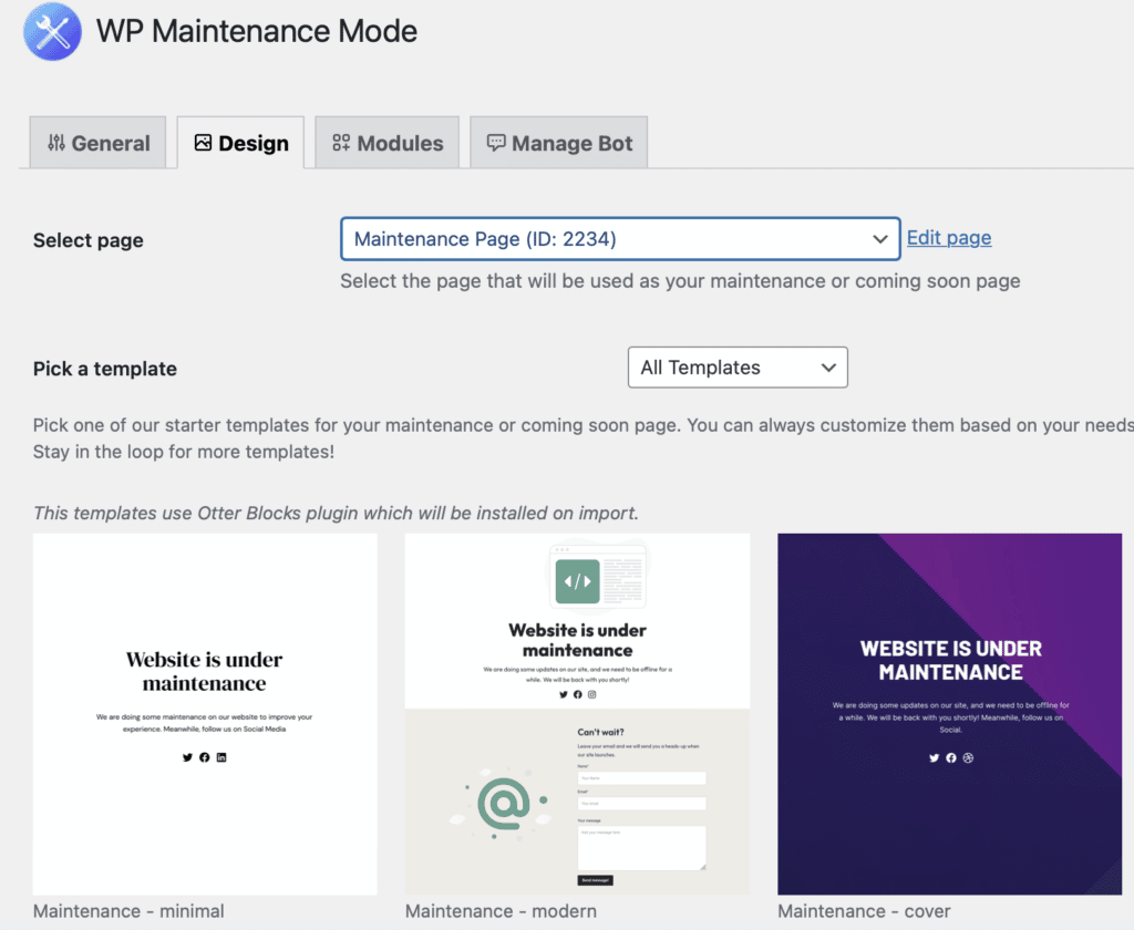 Paramètres de conception du mode de maintenance WP