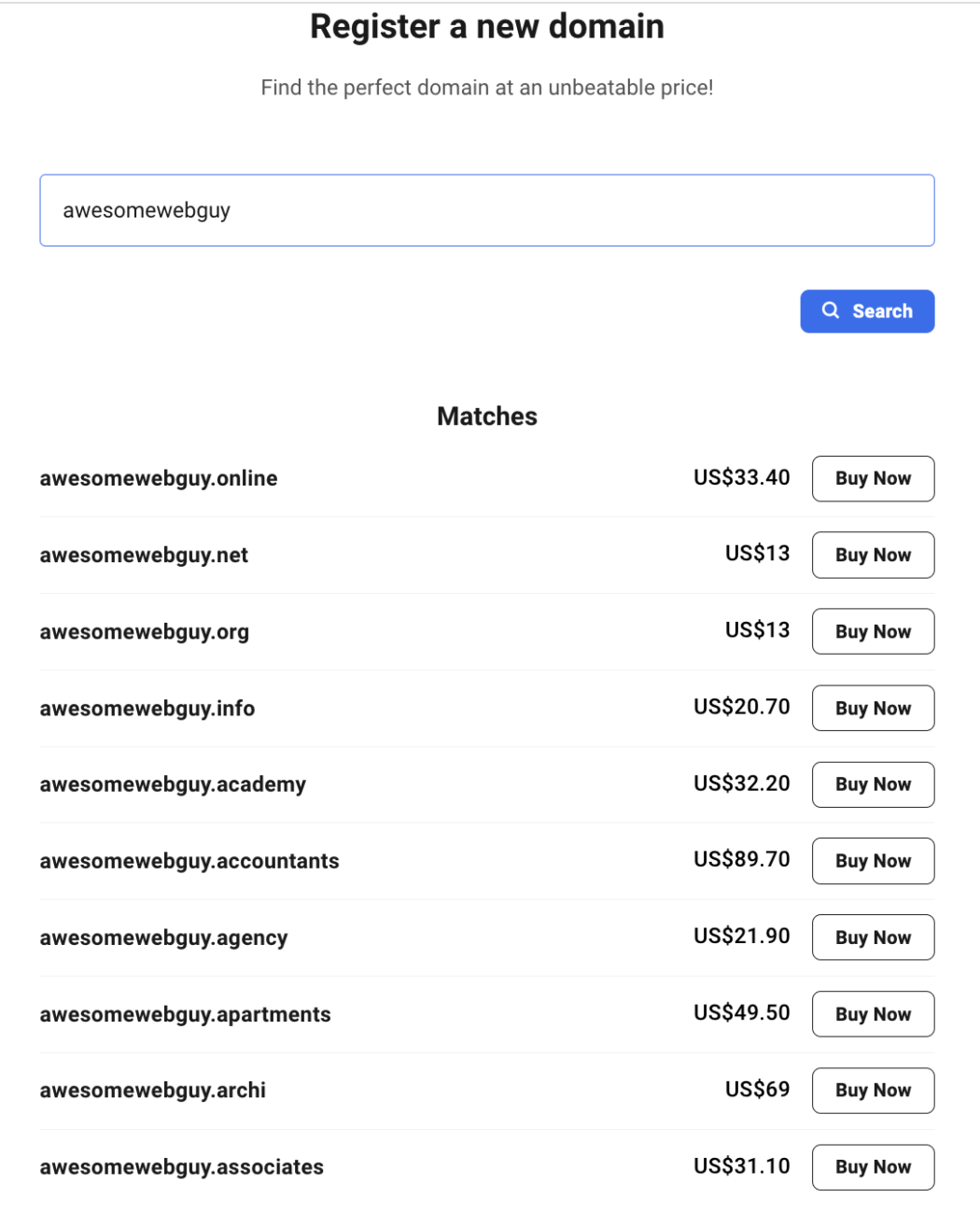 Lista dostępnych domen.