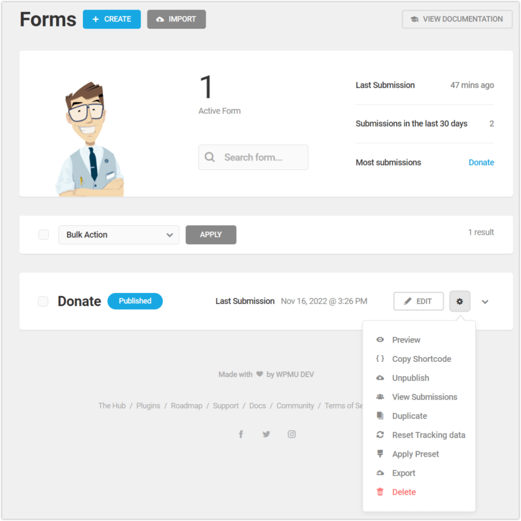 sekcja podsumowania formularzy formatora