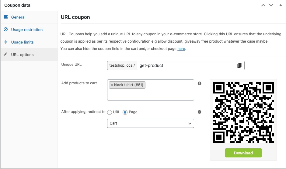 générer une URL et un code QR pour le coupon