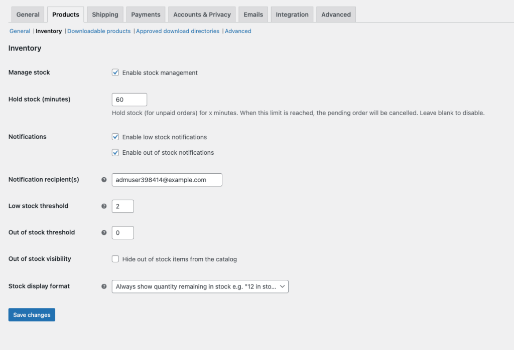 Paramètres WordPress WooCommerce sur l'inventaire de l'onglet produits