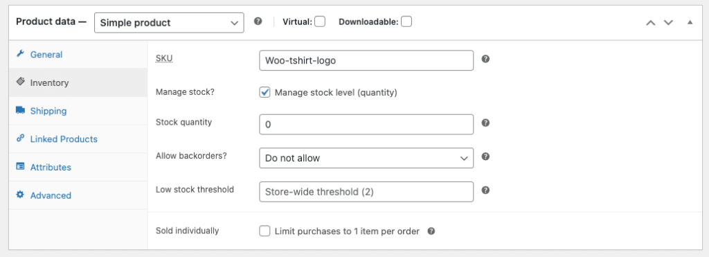 Section de données produit WordPress WooCommerce, configuration du suivi des stocks