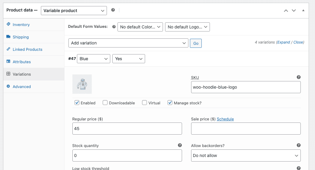 Paramètres de WordPress WooCommerce sur les variations sous produit produit variable