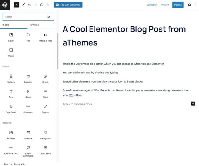 Elementor dan editor blog WordPress