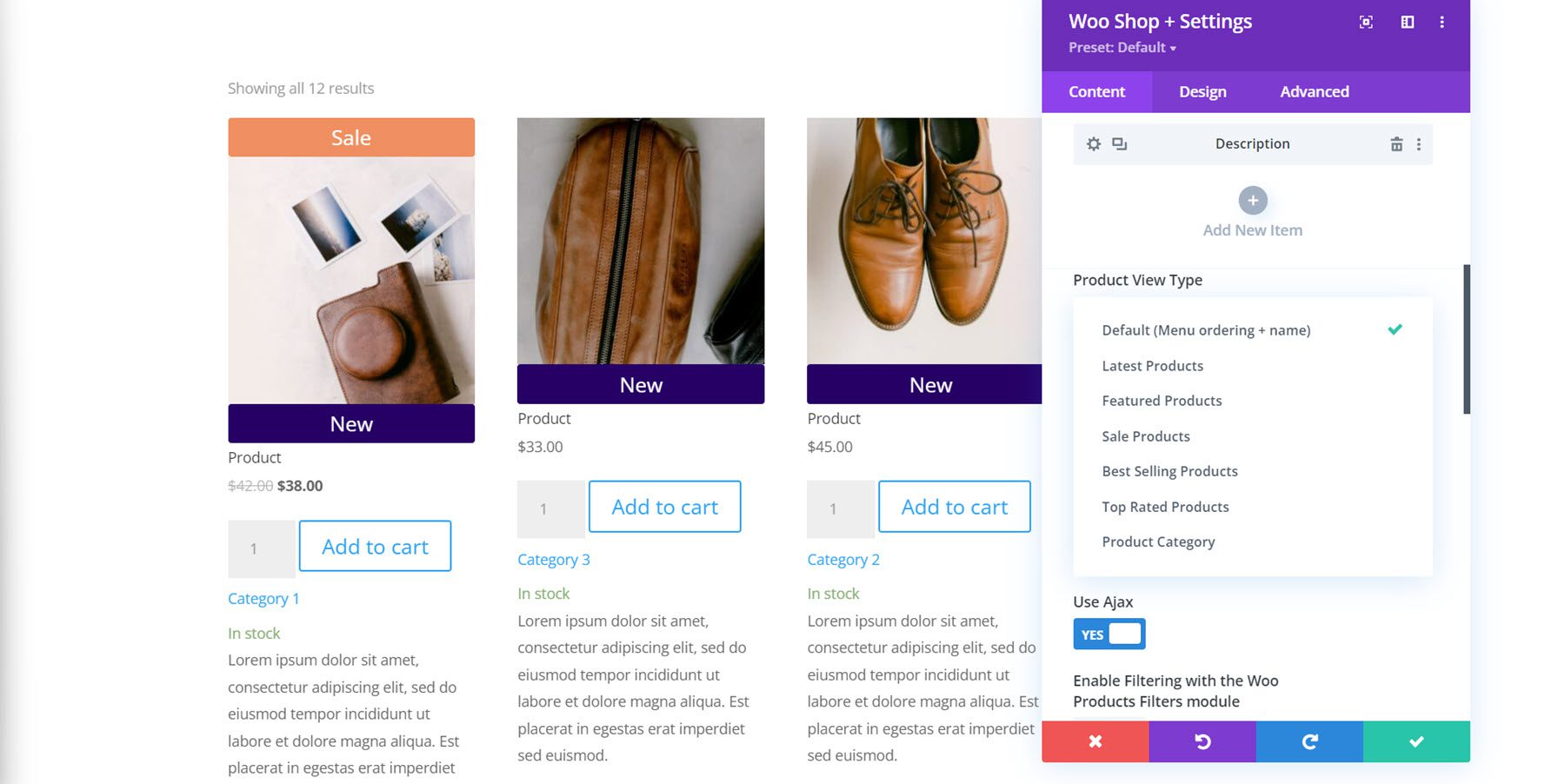 Plugin Divi Evidenzia il tipo di visualizzazione del prodotto Divi Shop Builder