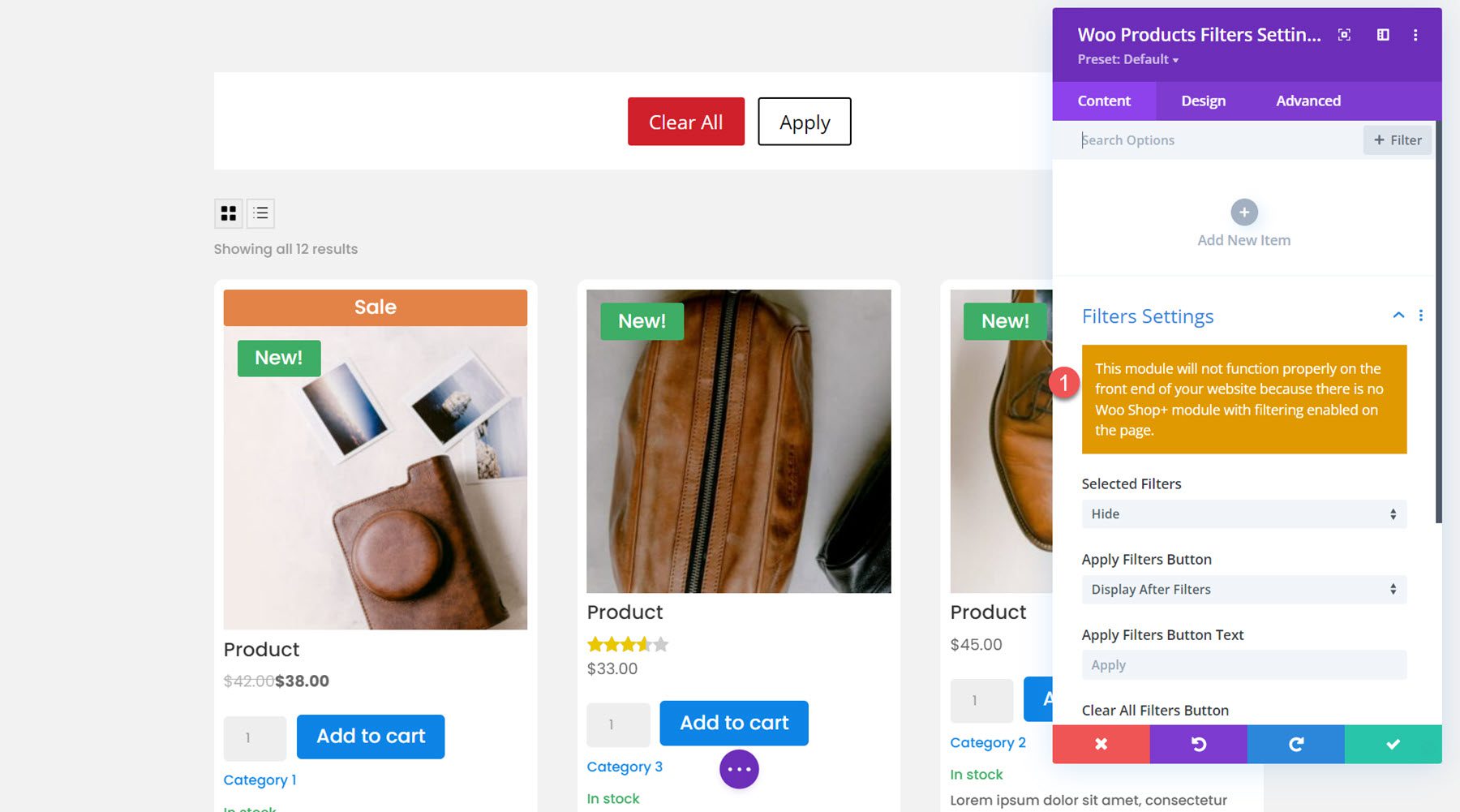 Il plug-in Divi evidenzia l'errore del filtro Divi Shop Builder