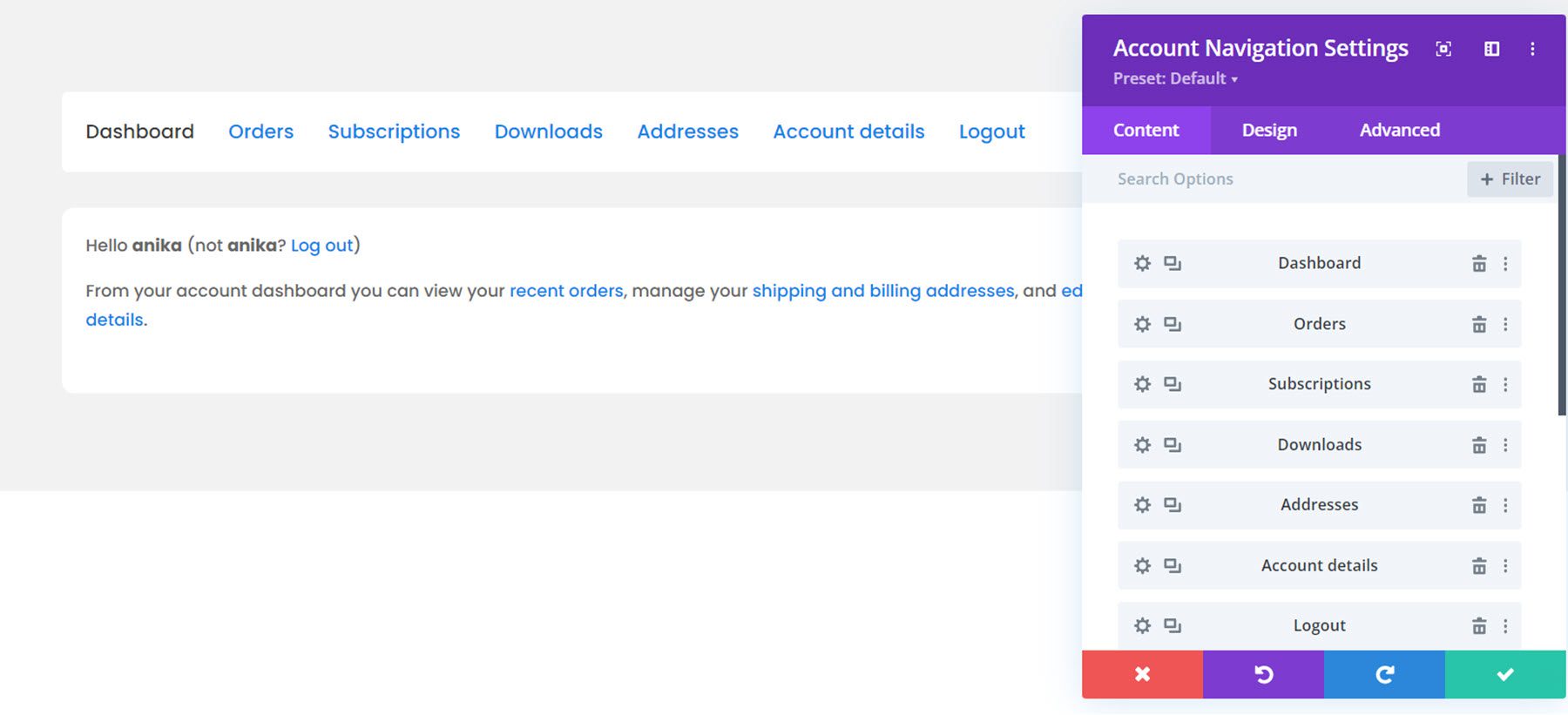 Plugin Divi Evidenzia la navigazione dell'account Divi Shop Builder