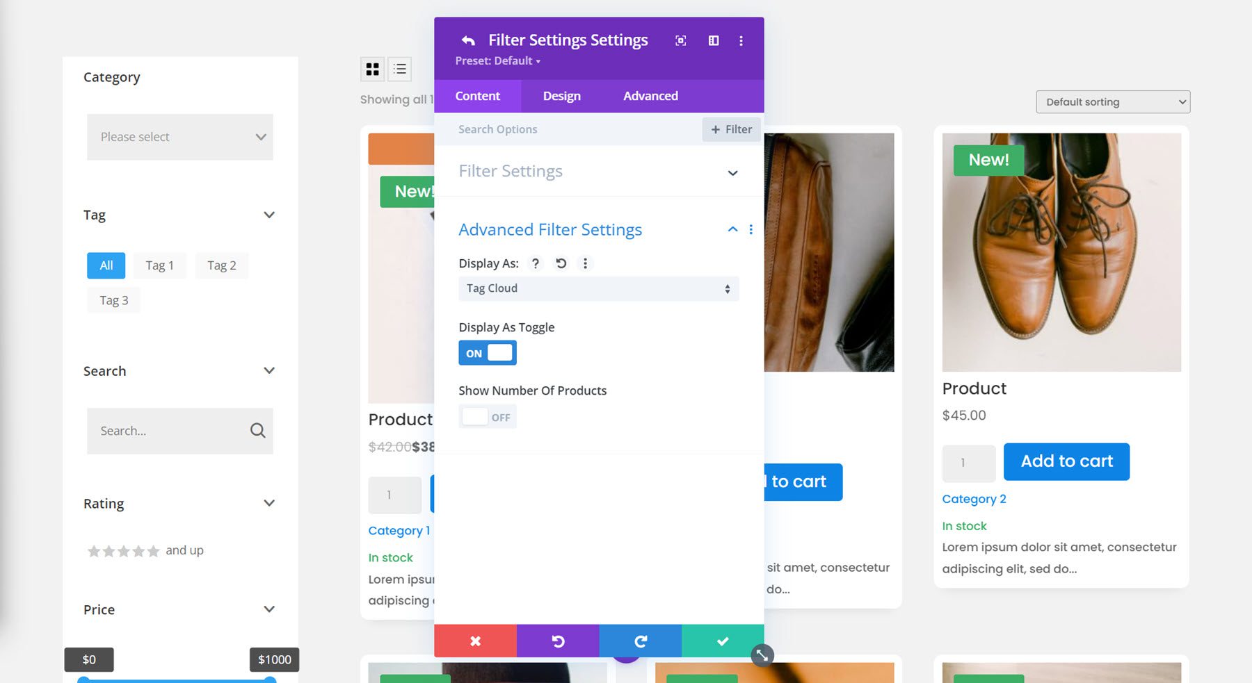 Divi Plugin Evidenzia il filtro tag Divi Shop Builder