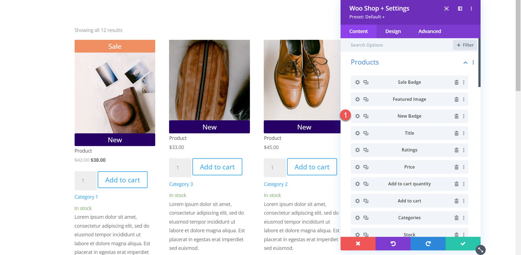 Divi Plugin Evidenzia le impostazioni del componente Divi Shop Builder