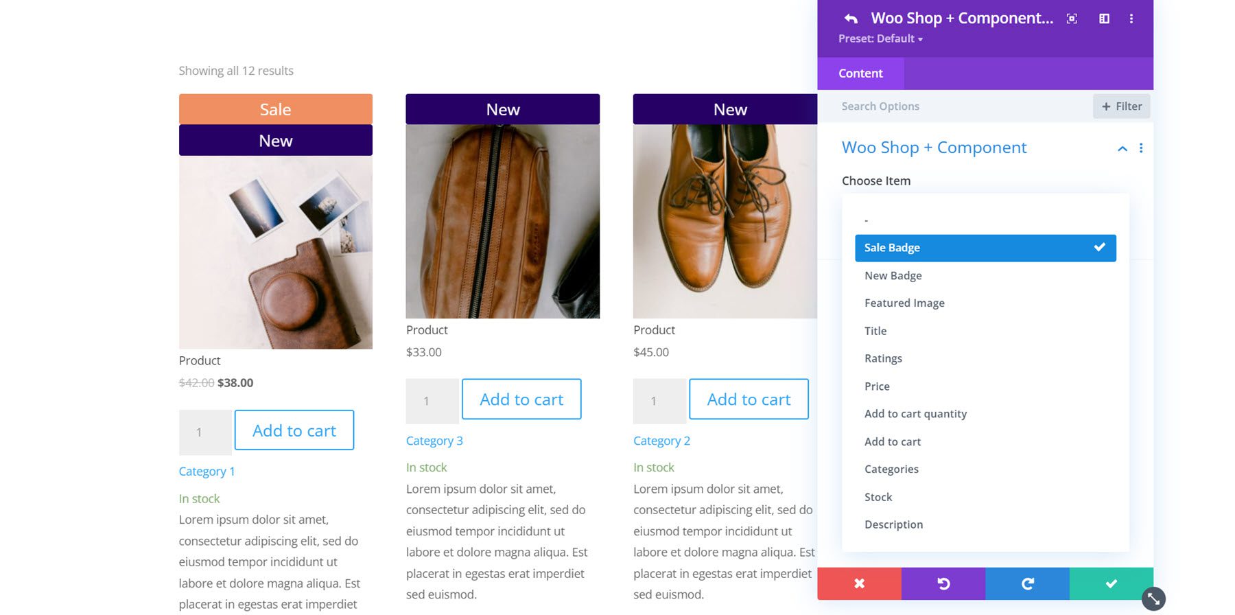 Plugin Divi Evidenzia Divi Shop Builder Scegli componente