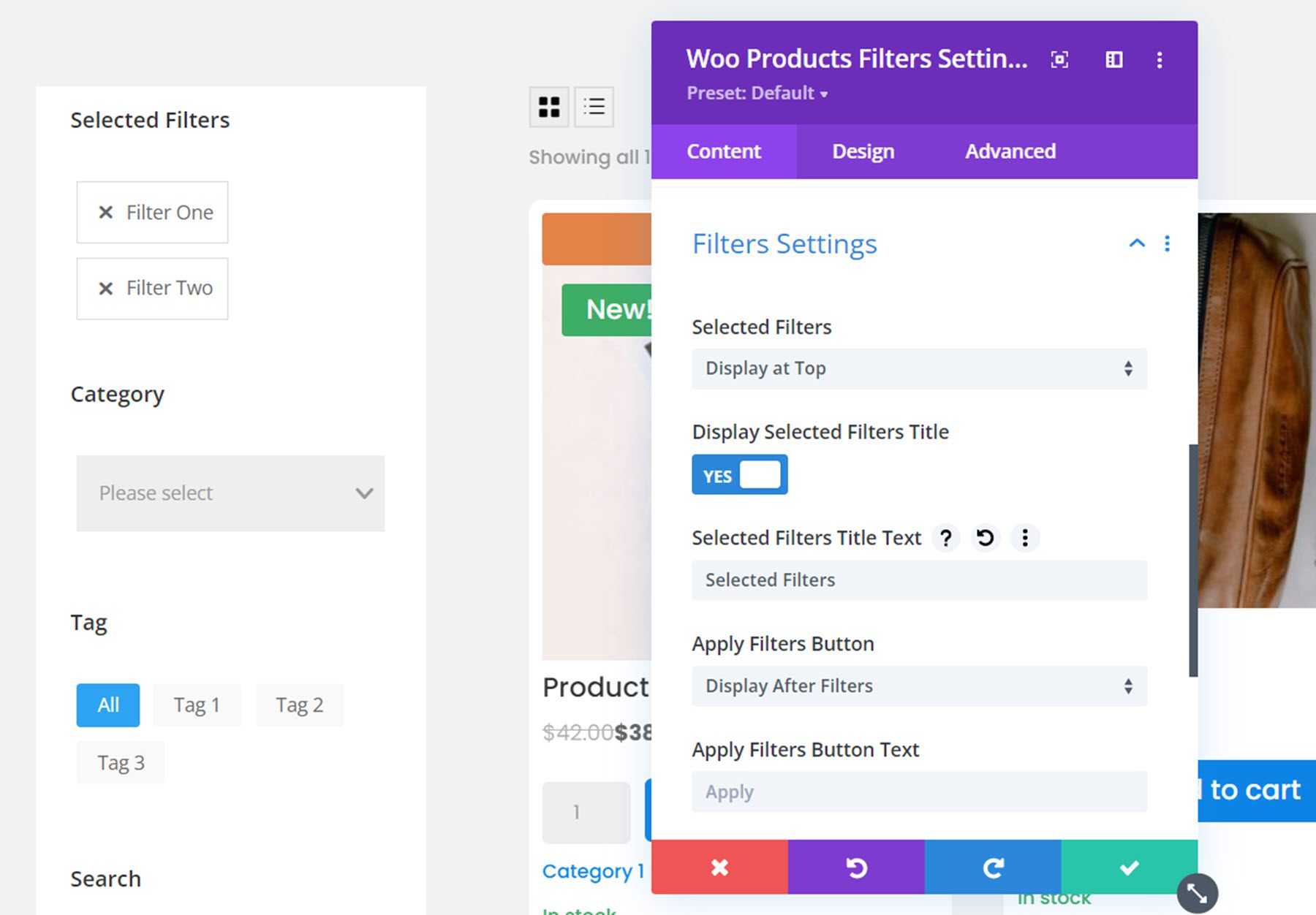 Divi 플러그인 하이라이트 Divi Shop Builder에서 선택한 필터