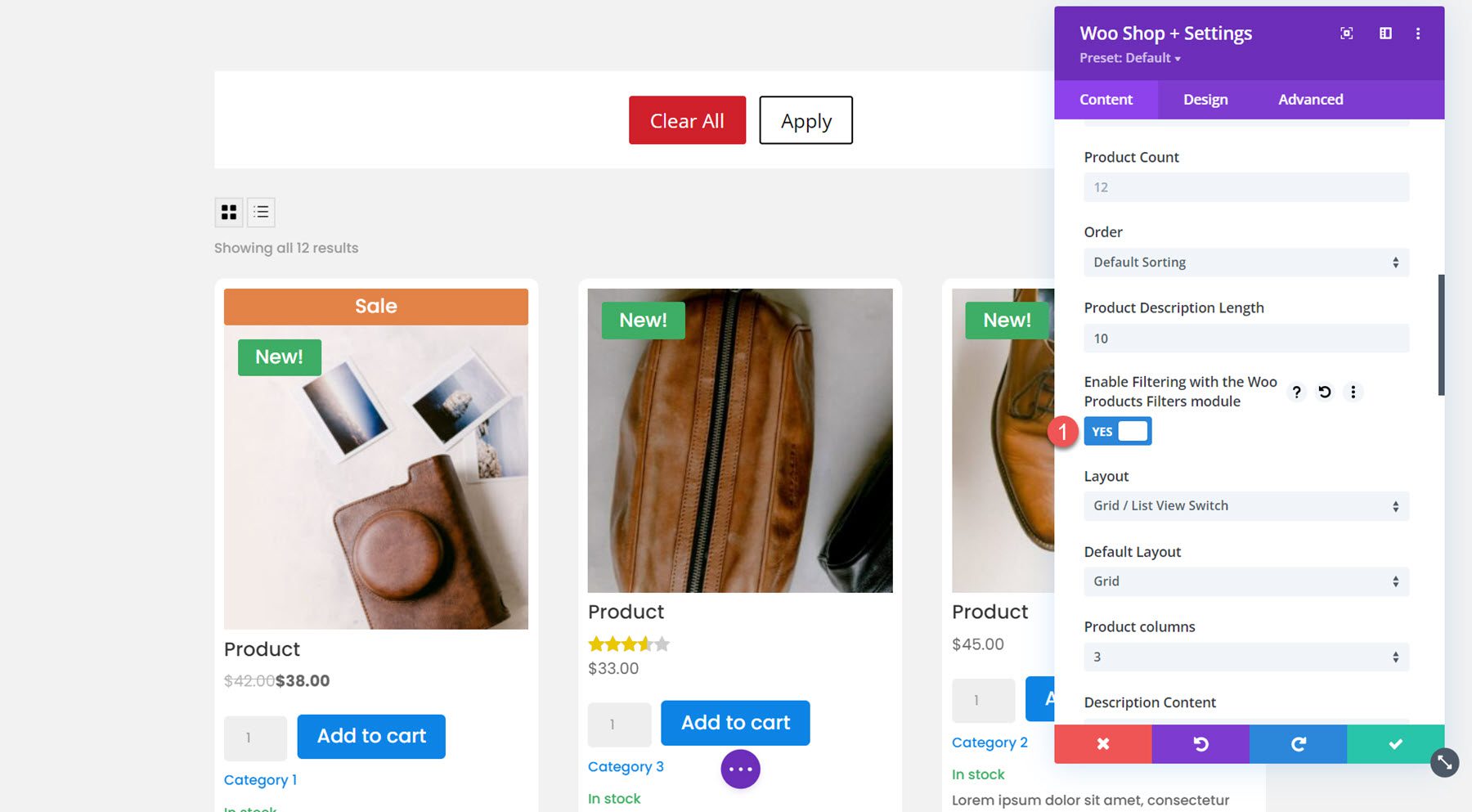 Divi プラグイン ハイライト Divi Shop Builder フィルタリングを有効にする