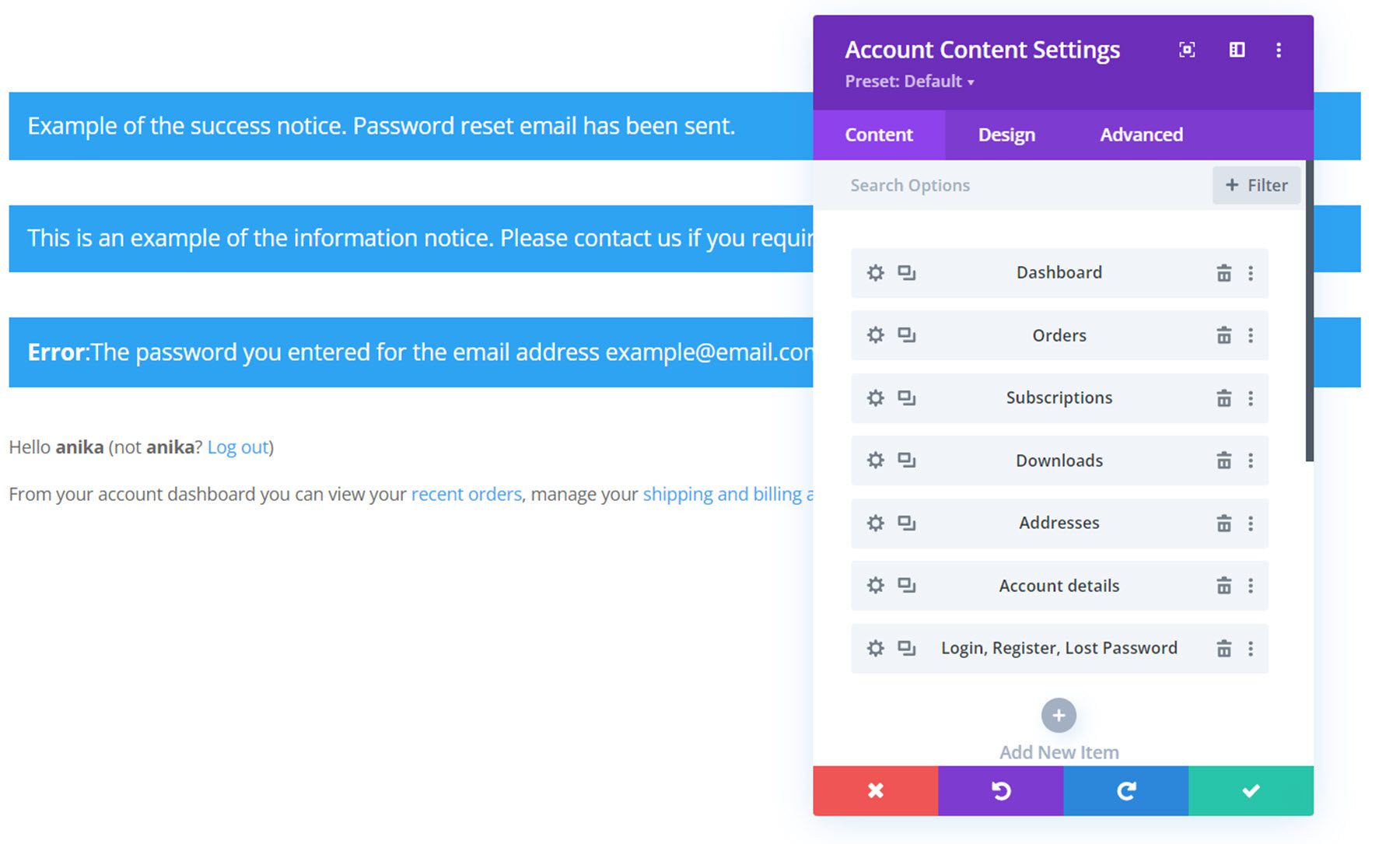 Divi Plugin Evidenzia il contenuto dell'account Divi Shop Builder