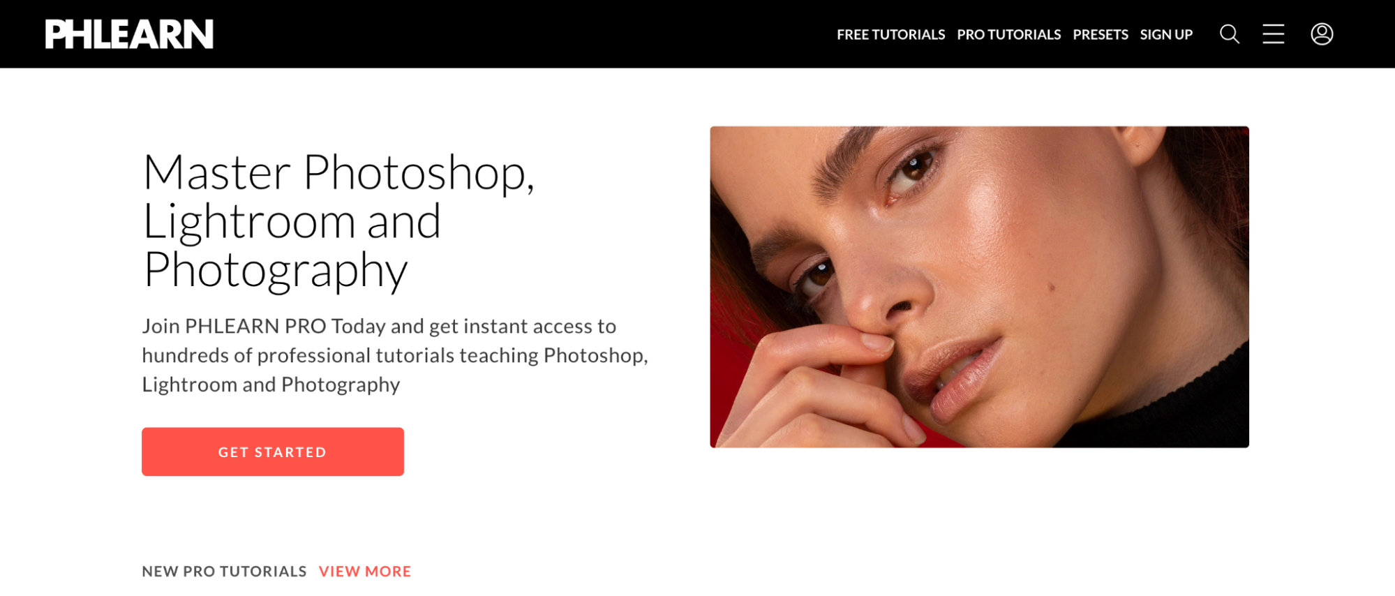 PHLEARN homepage, anunciando seus tutoriais de photoshop e lightroom