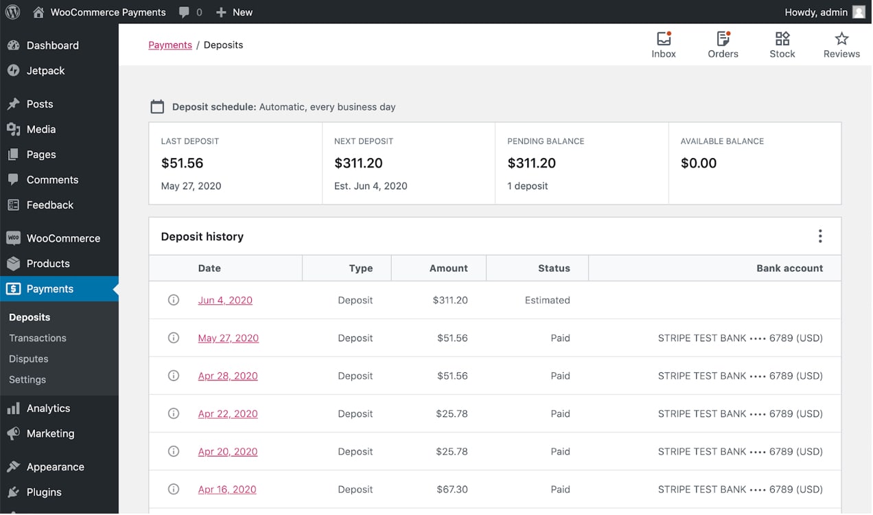 Painel de pagamentos do WooCommerce, mostrando o histórico de pagamentos