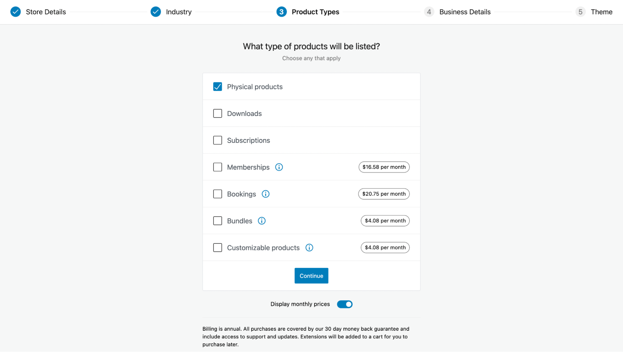 o assistente de configuração do WooCommerce, perguntando sobre o tipo de produto da loja