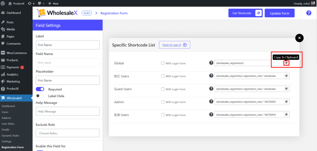 WholesaleX Registration Shortcode Copying