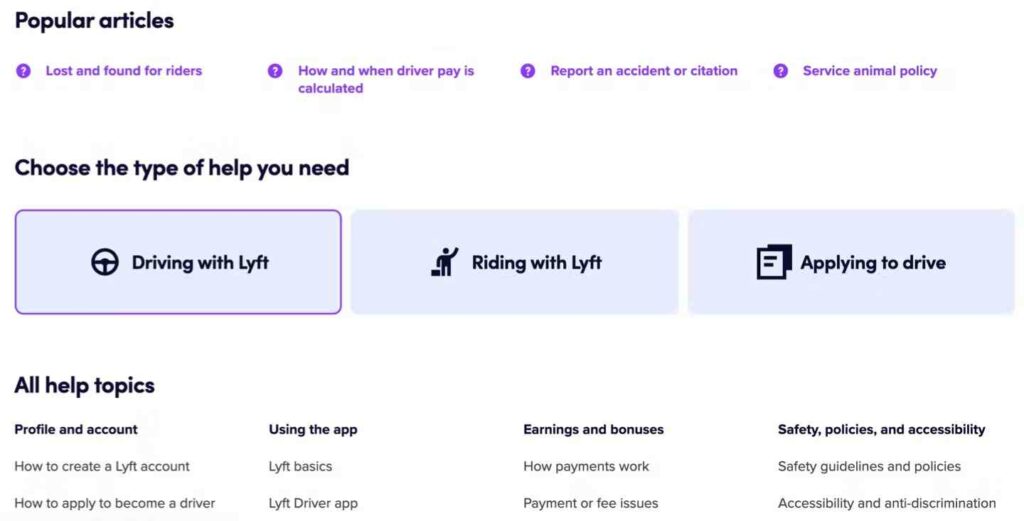 Interface de la page d'aide de Lyft