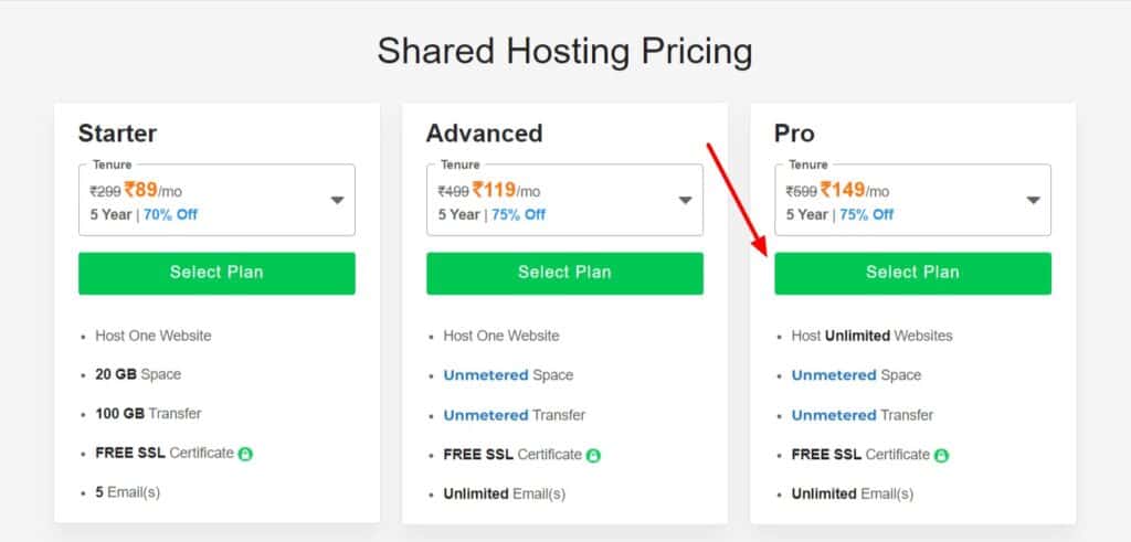 BigRock Shared Hosting-Preise