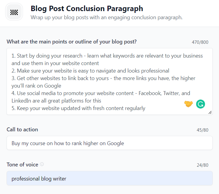 KI-Schreibtool-Formular für den Abschlussabsatz eines Blog-Beitrags