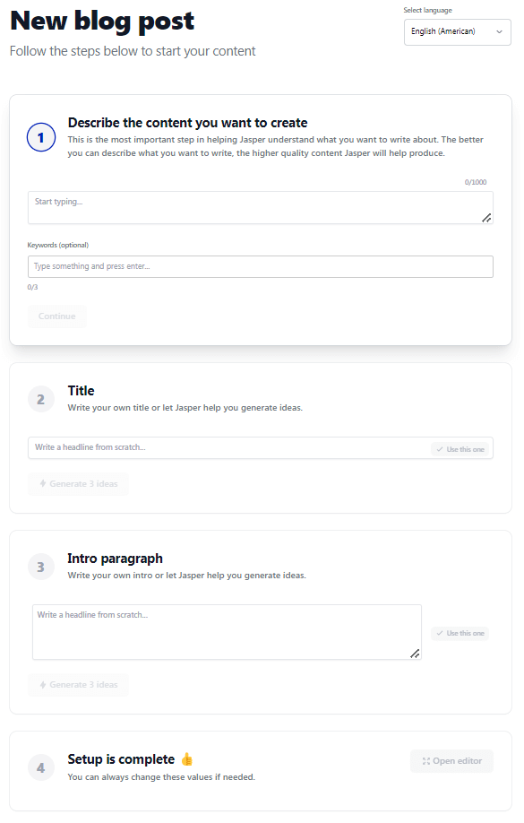 Ein längeres Formular zum Erstellen eines ganzen Blogbeitrags mit KI